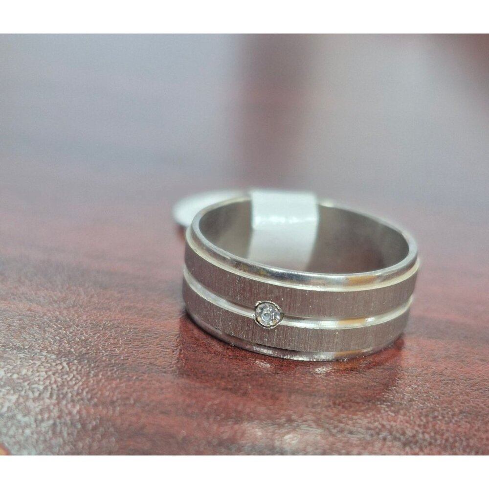 Stainless Steel Ring With Single Clear Stone Accent Brushed & Polished Finish Si
